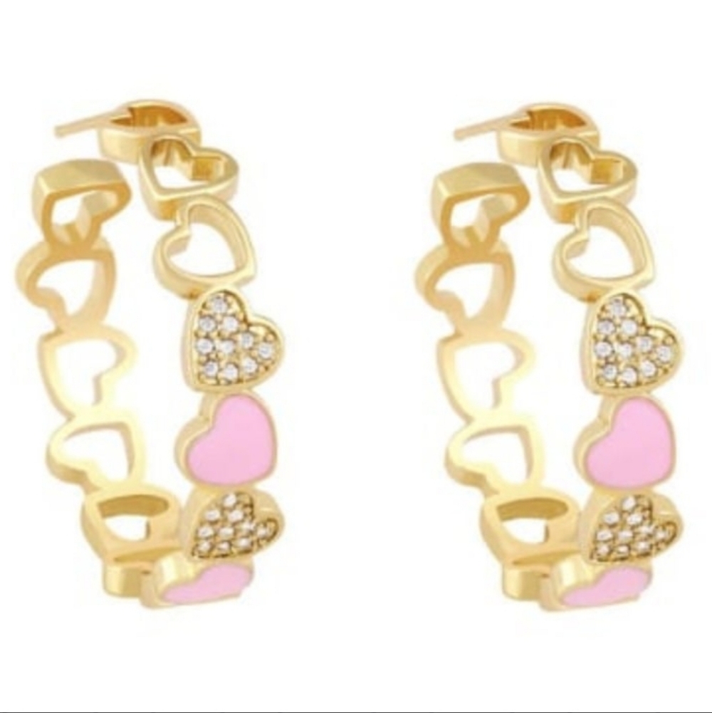Gold/Pink Enamel Heart Hoop Earrings
